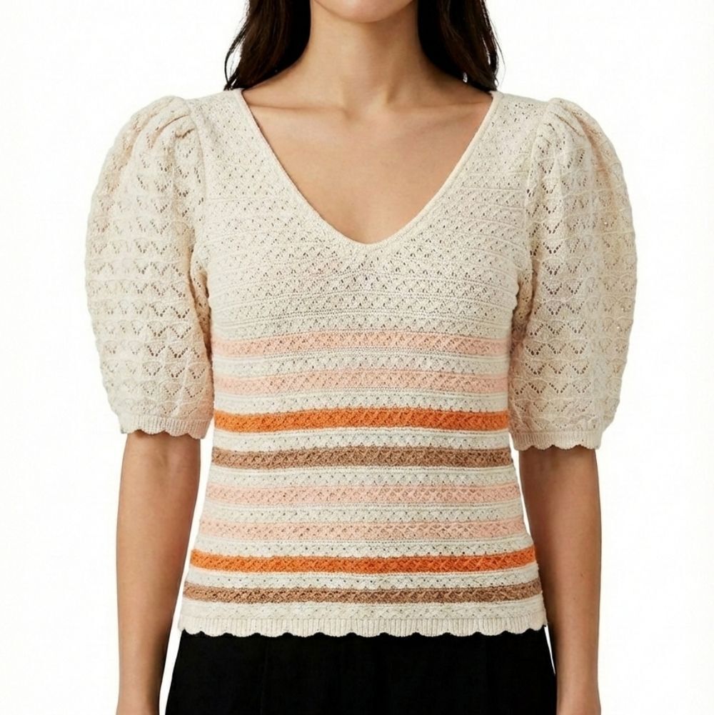 Another Love Striped Puff Sleeve Knit Top Boho Chic Sweater L Crochet Cottage